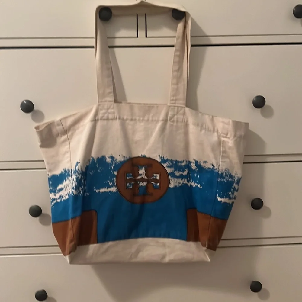 Tory Burch Blue Brown Canvas Logo Tote Bag Leather Trim Shoulder Bag